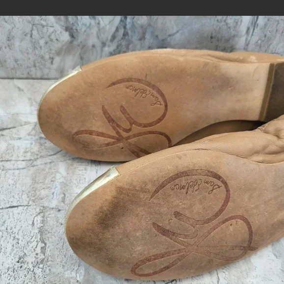 Sam Edelman Women's 7.5 Baxton 2 Tan Leather Gold Cap Toe Slip On Ballet Flats - Picture 10 of 11